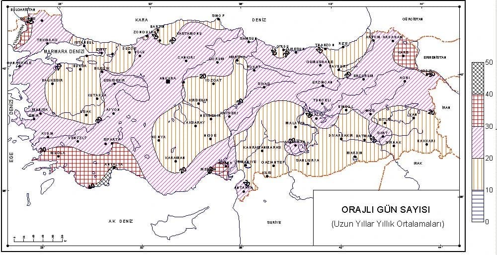 MGM Türkiye orajlı gün sayısı haritası (uzun yıllar yıllık ortalamaları)